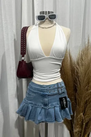 Kiara Pleated Mini Skirt (Light Wash Denim)