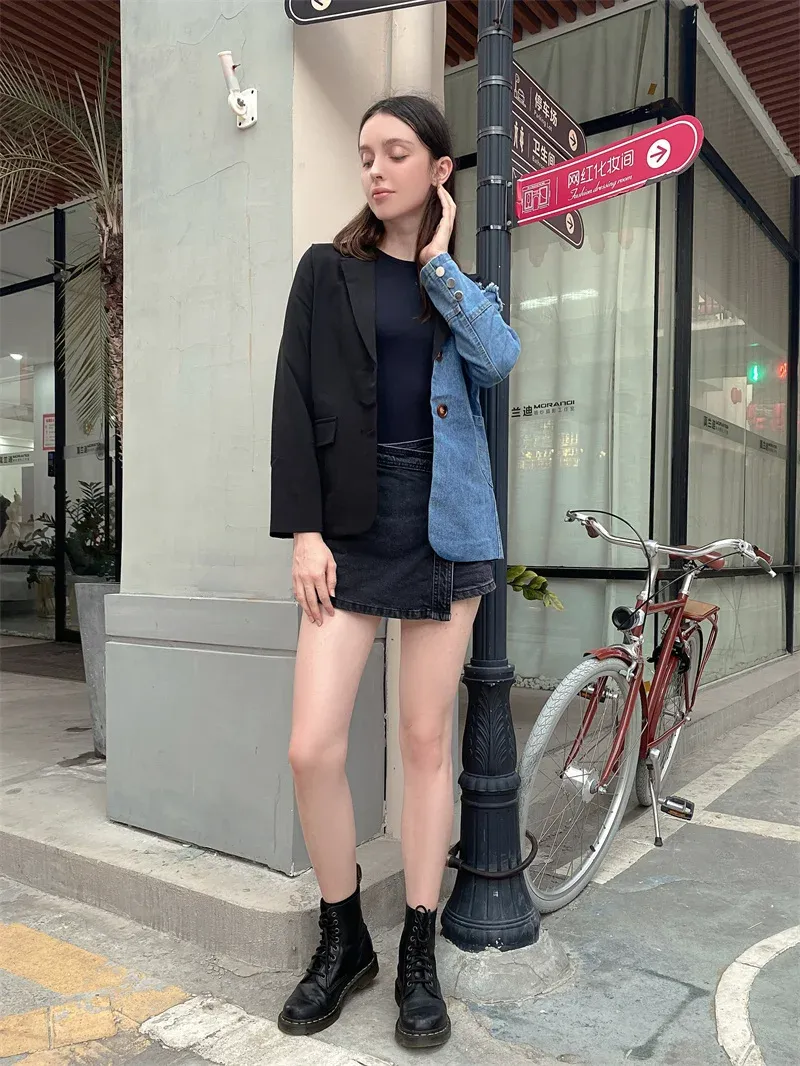 Kona Asymmetric Denim Patchwork Blazer