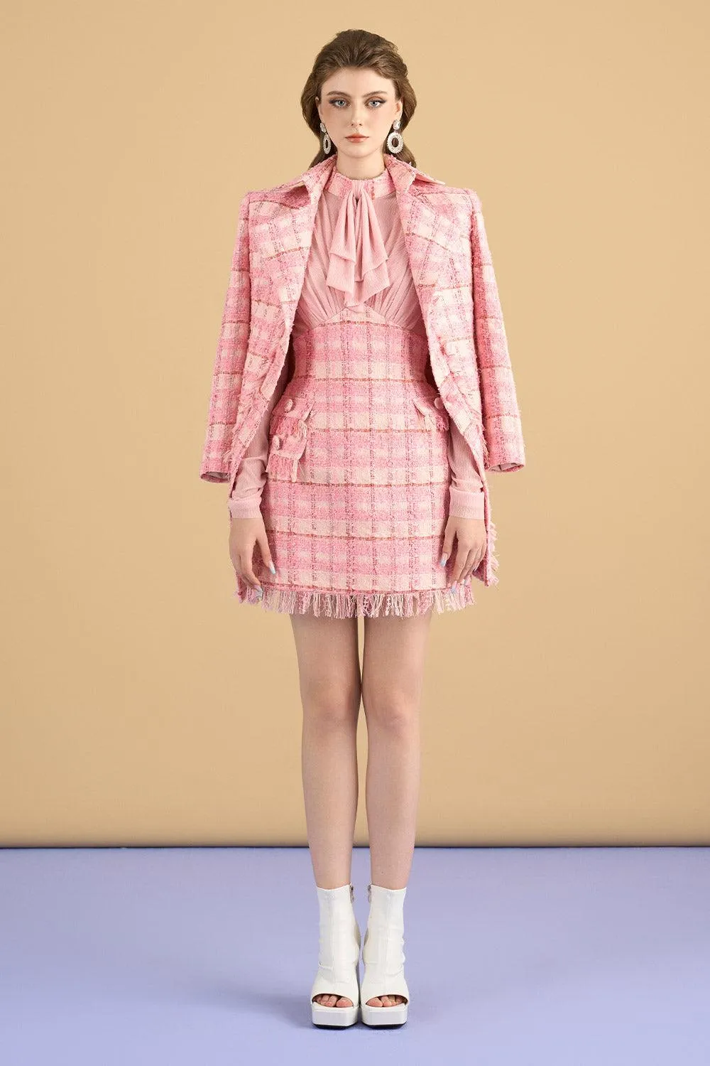 Laney A-line Notch Lapel Tweed Thigh Length Coat