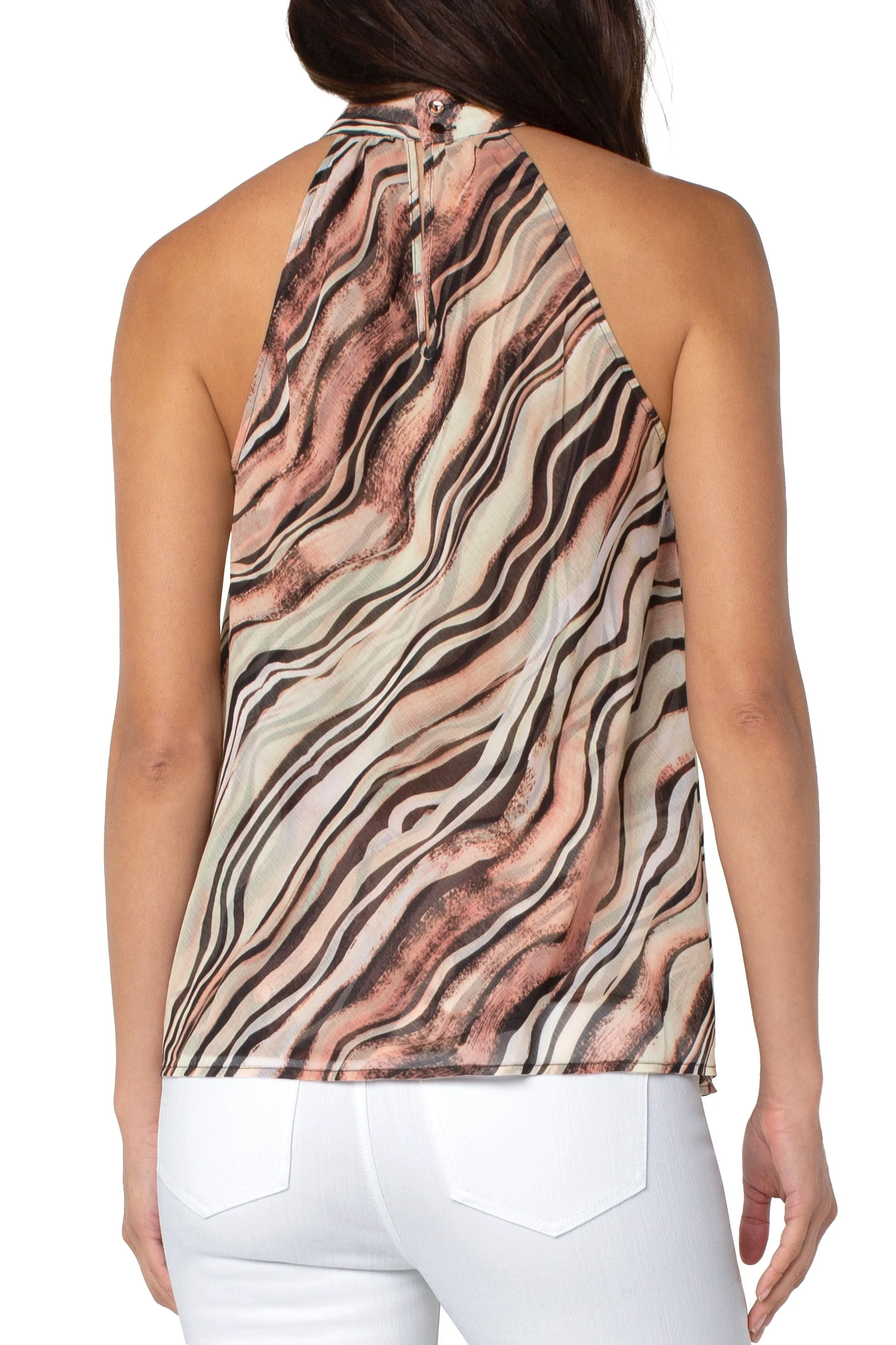Liverpool Double Layer Sleeveless Halter Mock Neck Top In Watercolor Brush