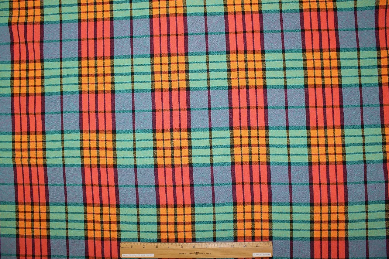 Madras Plaid Cotton Dobby - Apricot/Orange/Green/Blue