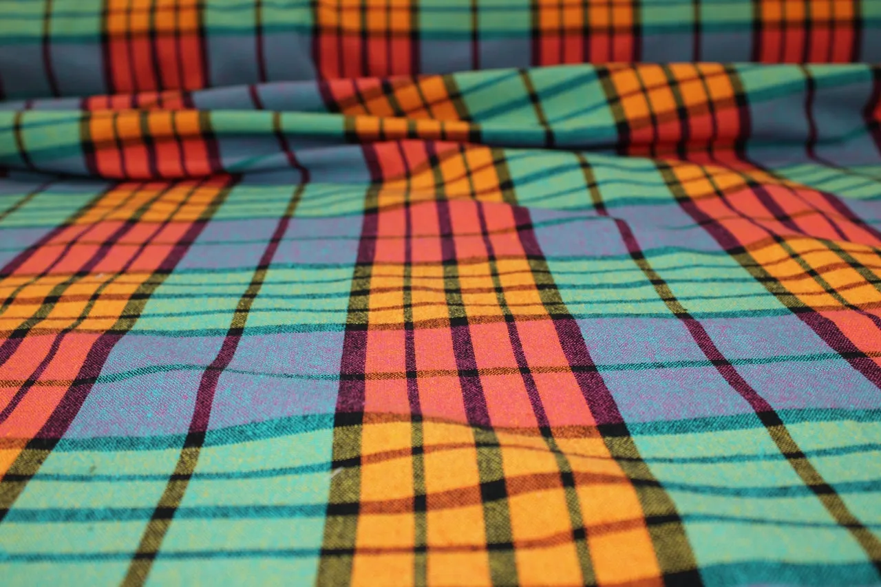 Madras Plaid Cotton Dobby - Apricot/Orange/Green/Blue