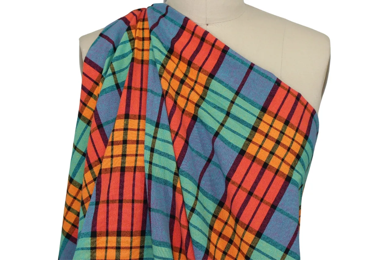 Madras Plaid Cotton Dobby - Apricot/Orange/Green/Blue
