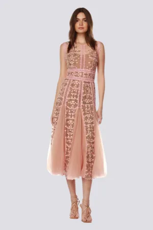 Malle Round Neck Mesh Embroidered Midi Dress In Beige