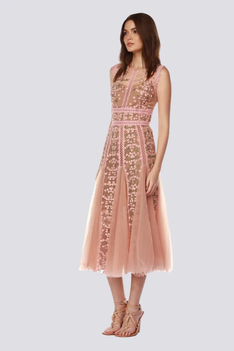 Malle Round Neck Mesh Embroidered Midi Dress In Beige