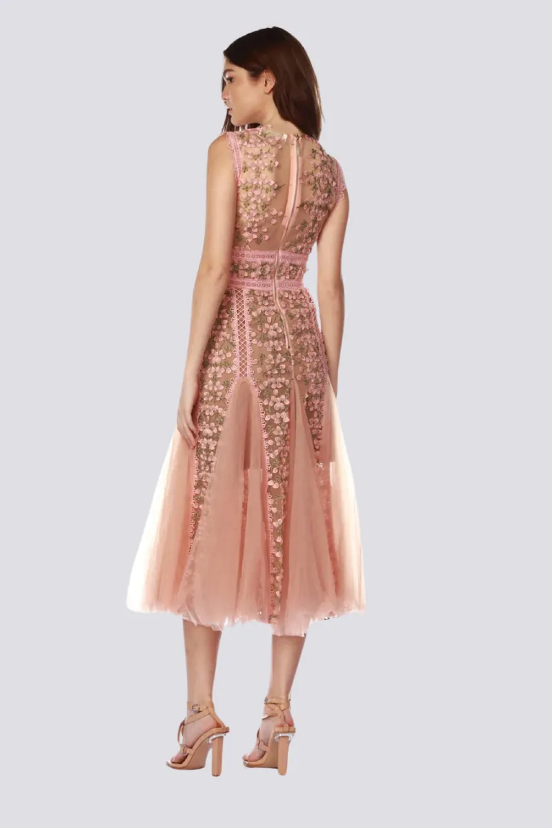 Malle Round Neck Mesh Embroidered Midi Dress In Beige