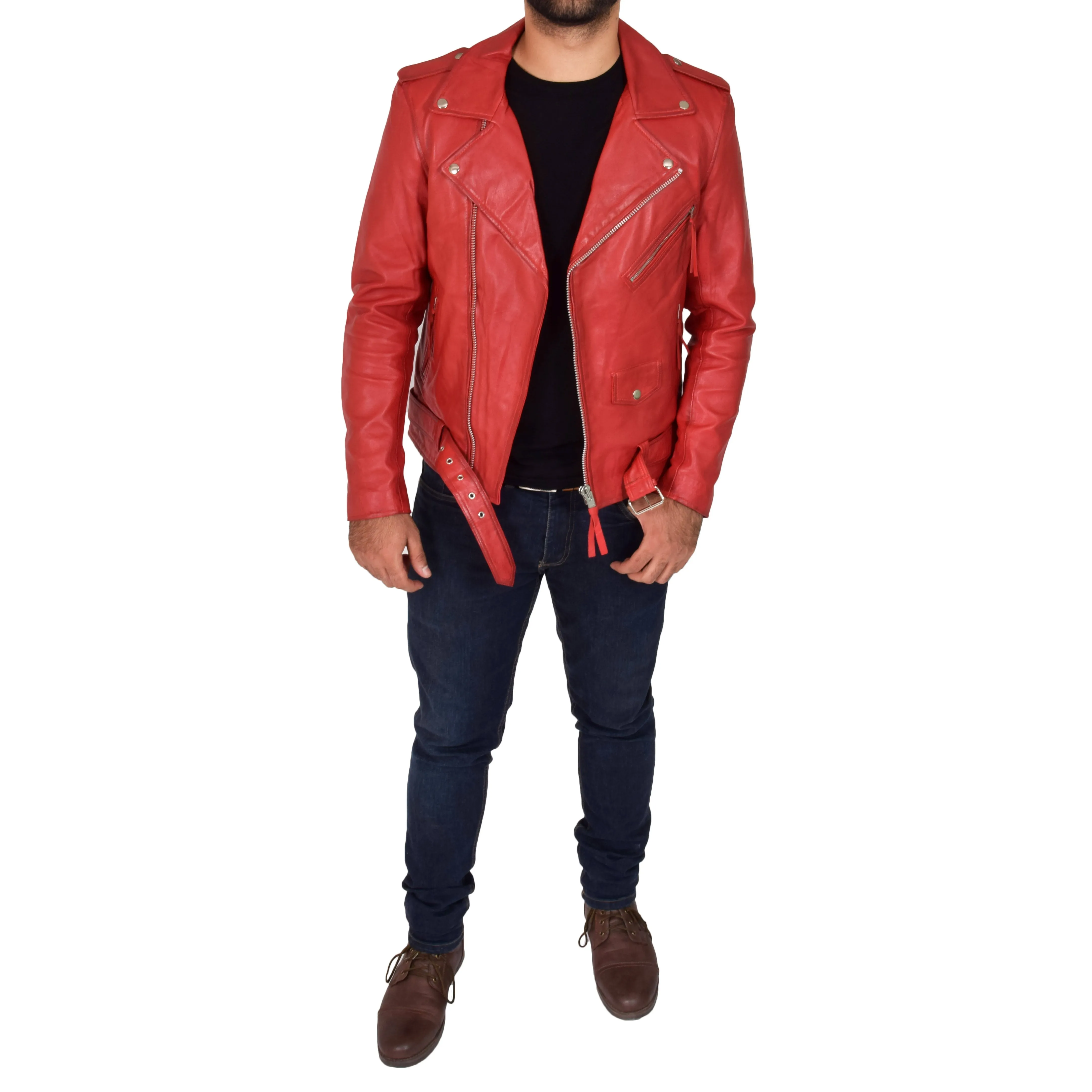 Mens Brando Biker Leather Jacket Elvis Red