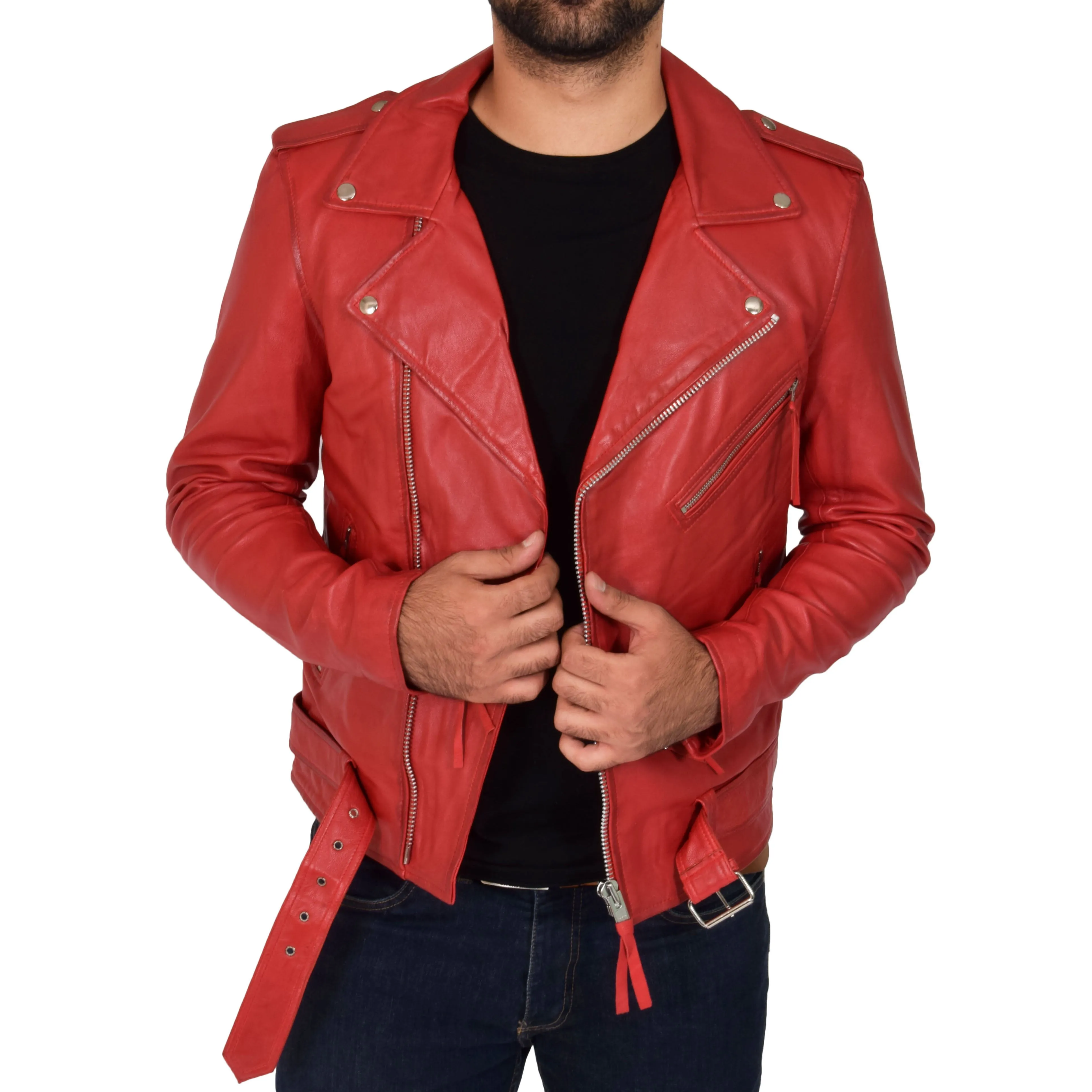 Mens Brando Biker Leather Jacket Elvis Red