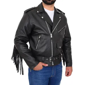 Mens Cowhide Biker Leather Jacket With Fringes Tassels Bill Black