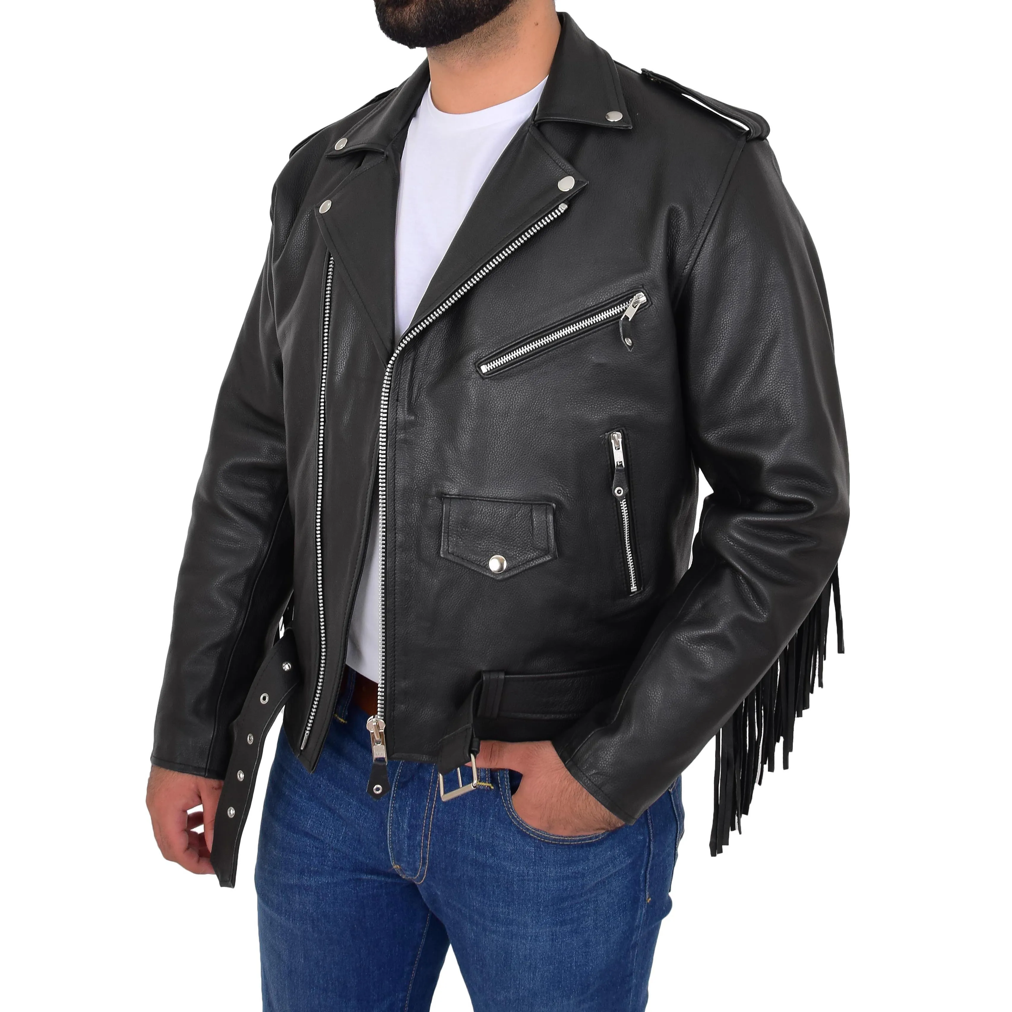 Mens Cowhide Biker Leather Jacket With Fringes Tassels Bill Black