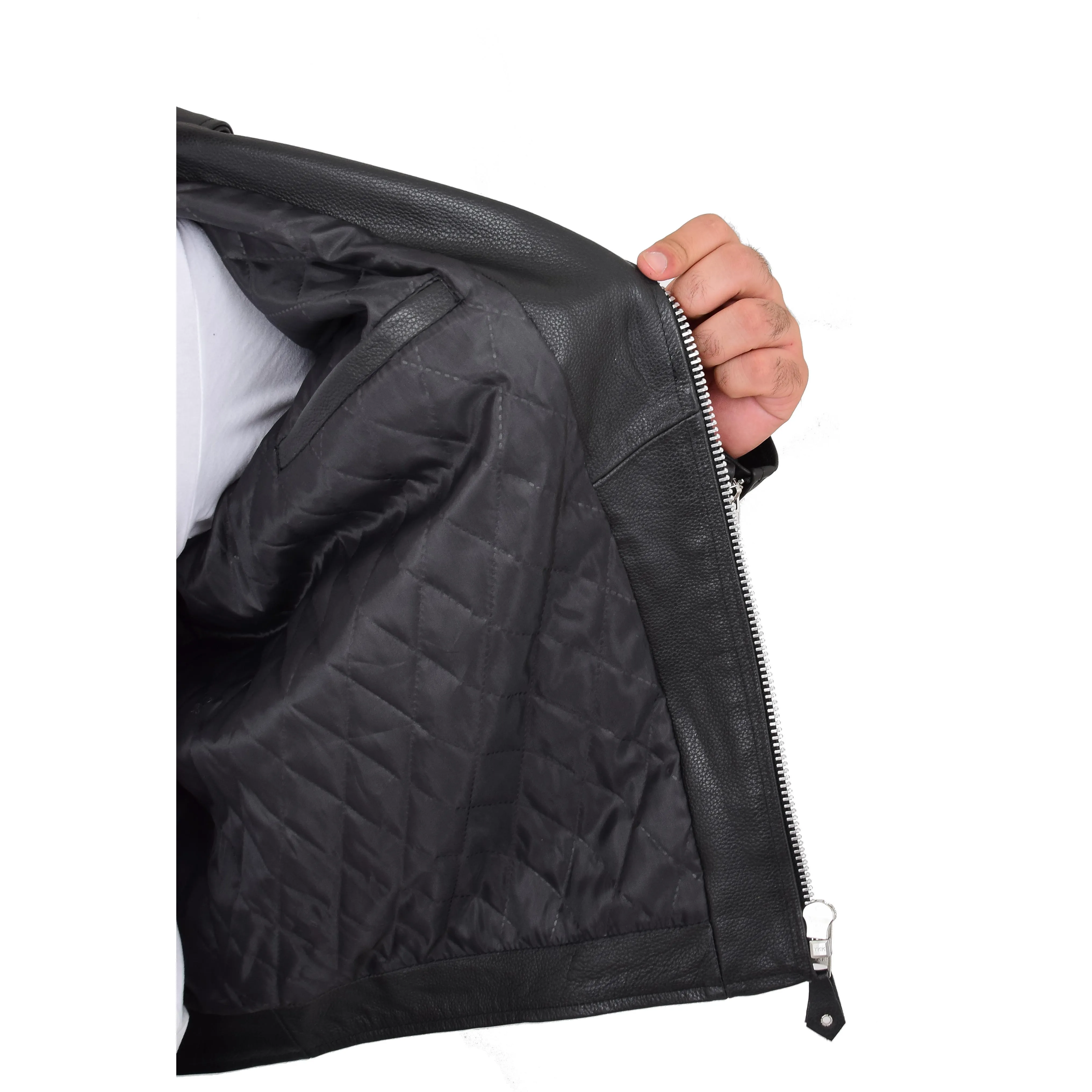 Mens Cowhide Biker Leather Jacket With Fringes Tassels Bill Black