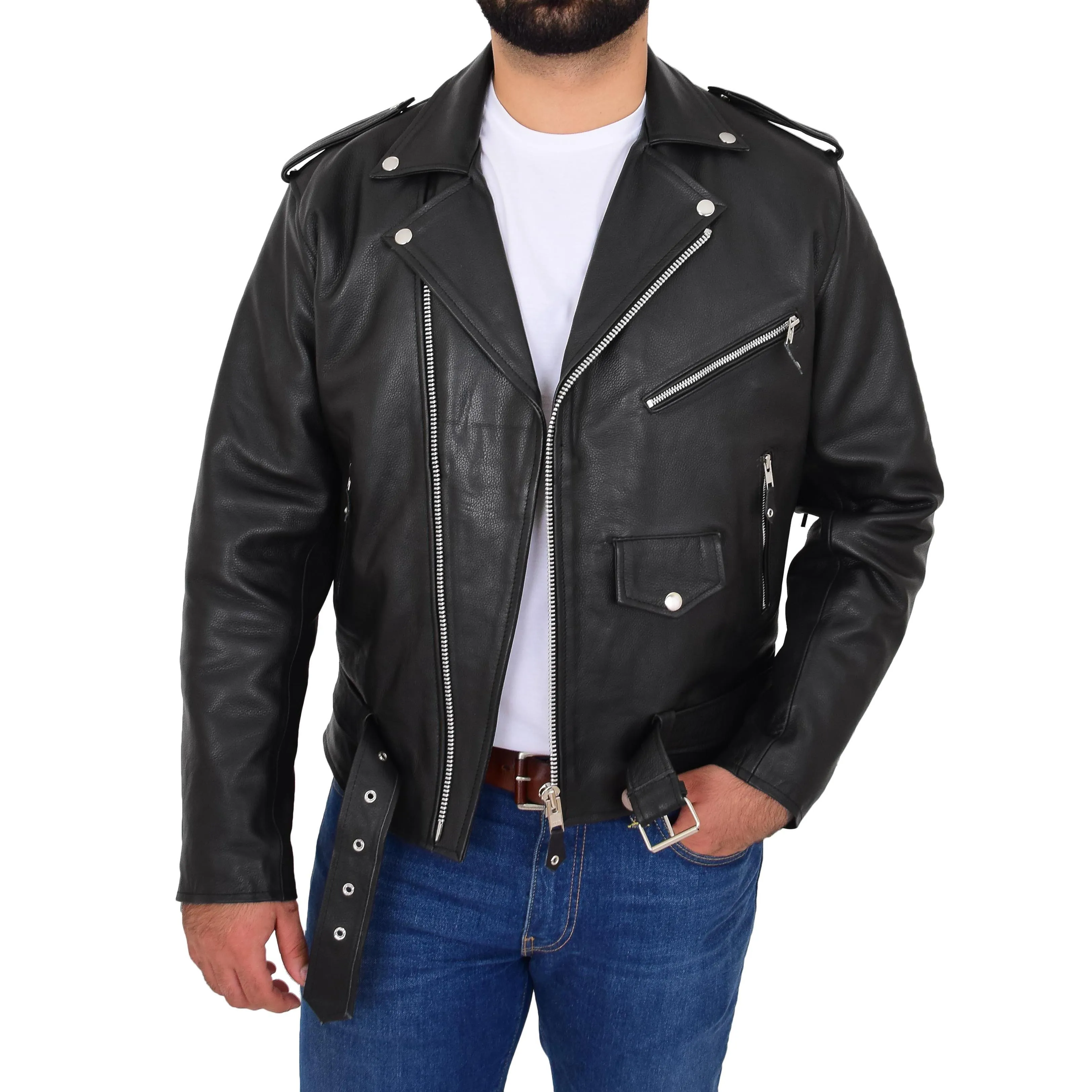 Mens Cowhide Biker Leather Jacket With Fringes Tassels Bill Black