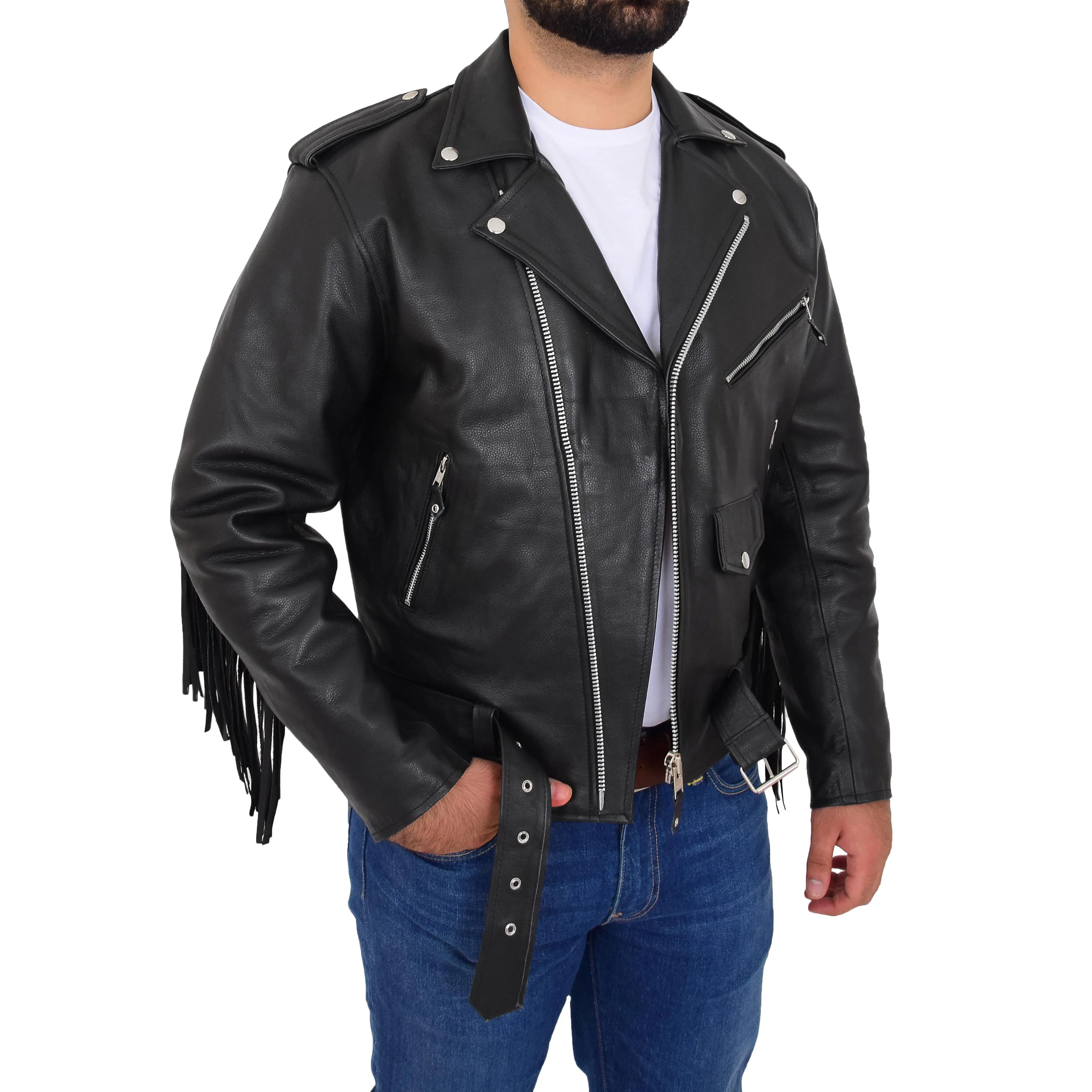 Mens Cowhide Biker Leather Jacket With Fringes Tassels Bill Black