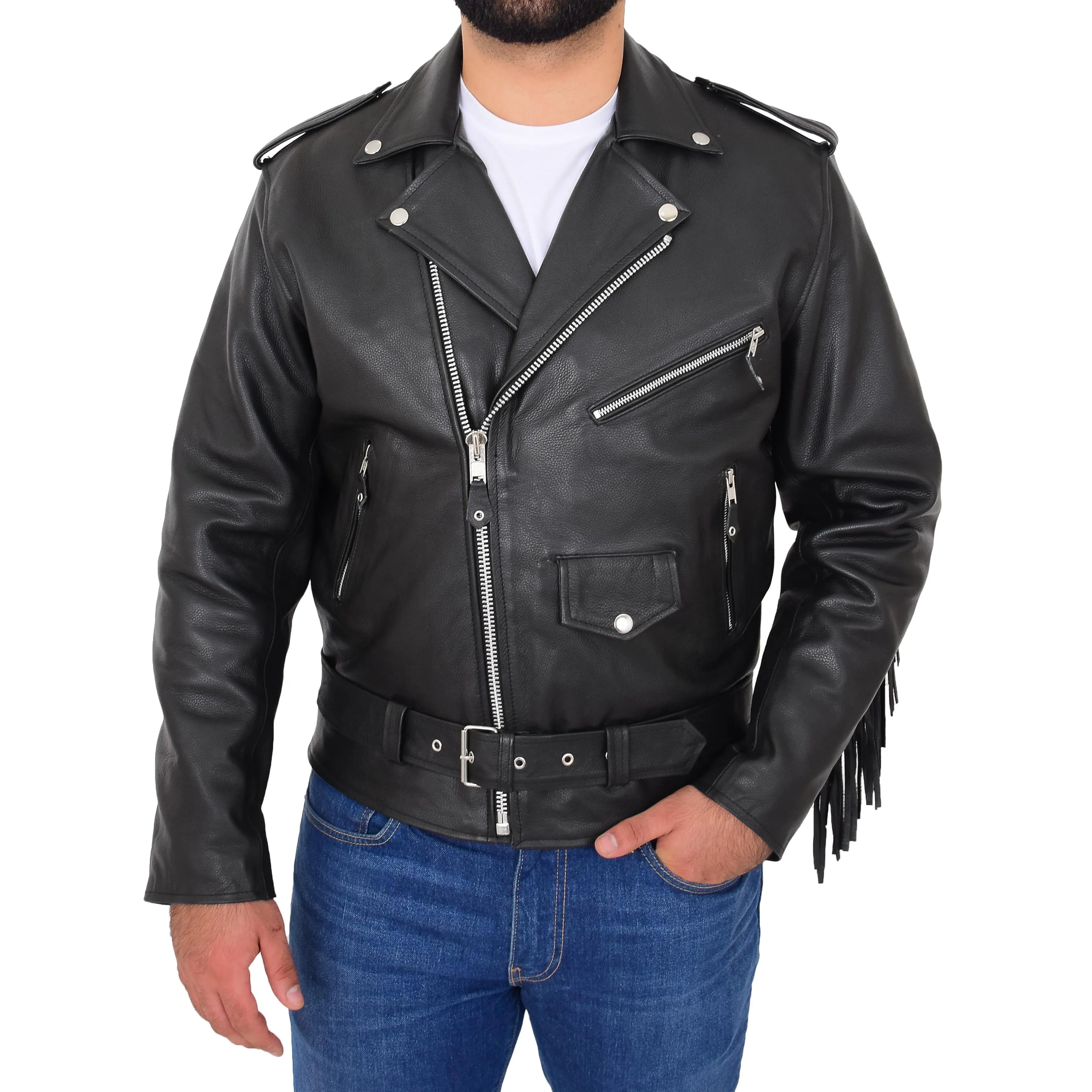 Mens Cowhide Biker Leather Jacket With Fringes Tassels Bill Black