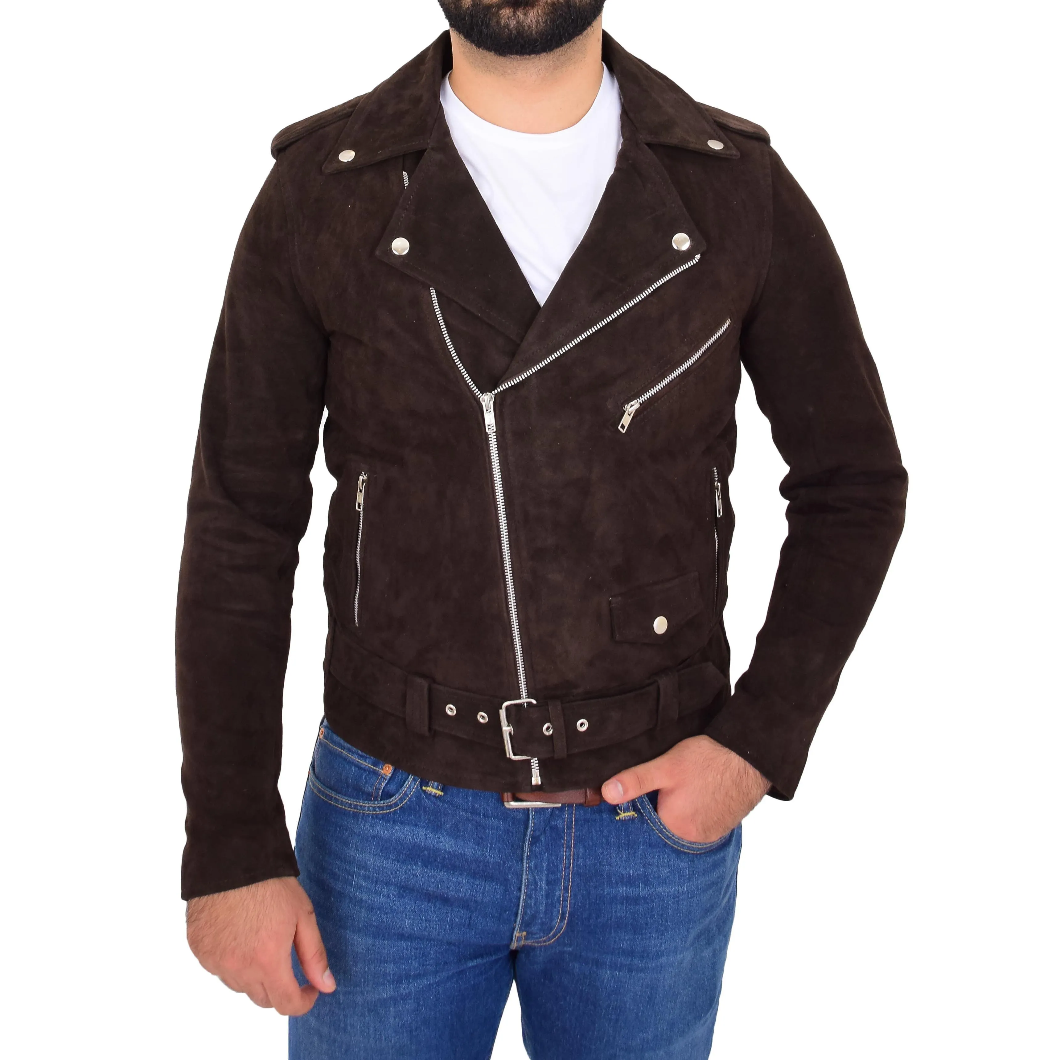 Mens Genuine Suede Leather Biker Jacket Jay Brown