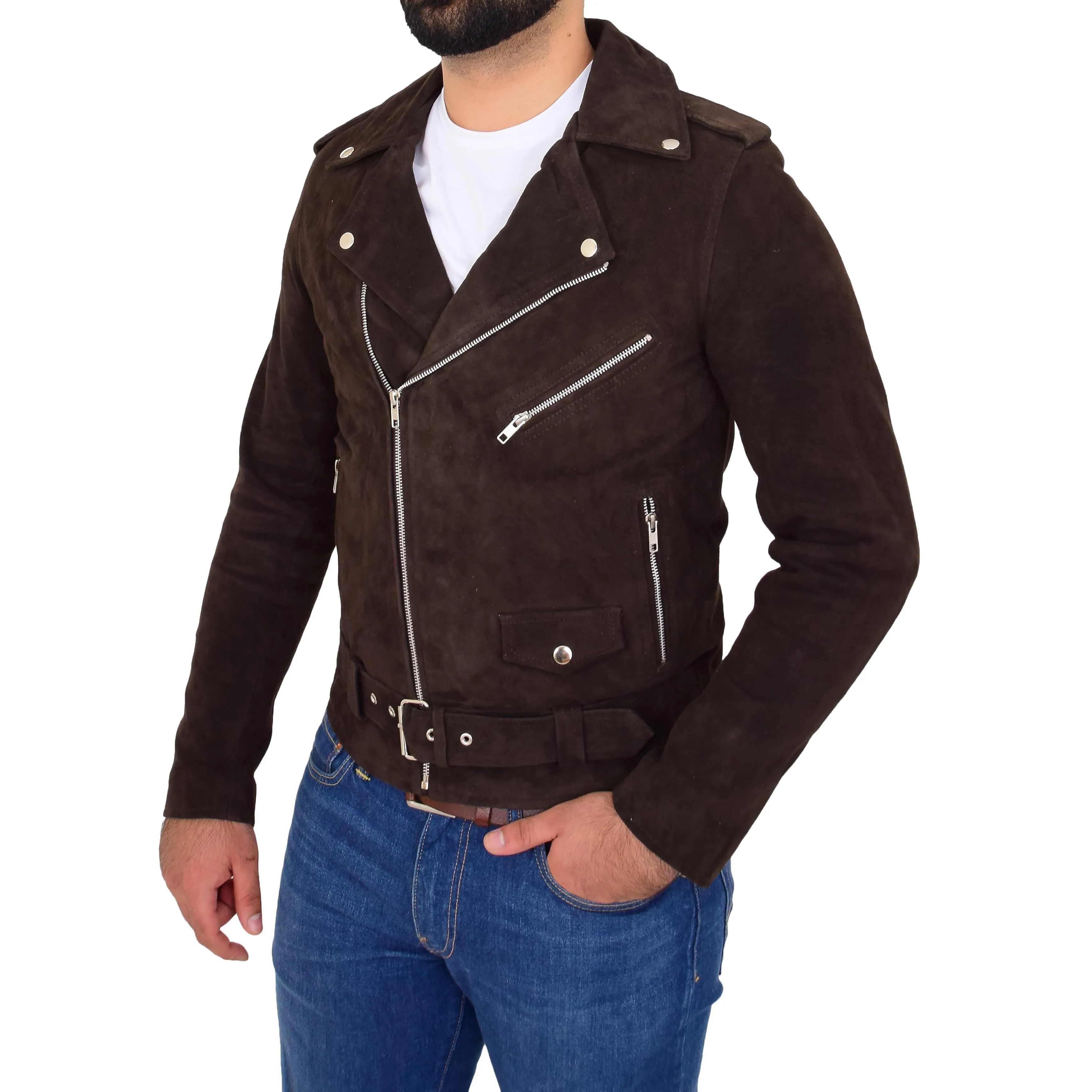 Mens Genuine Suede Leather Biker Jacket Jay Brown