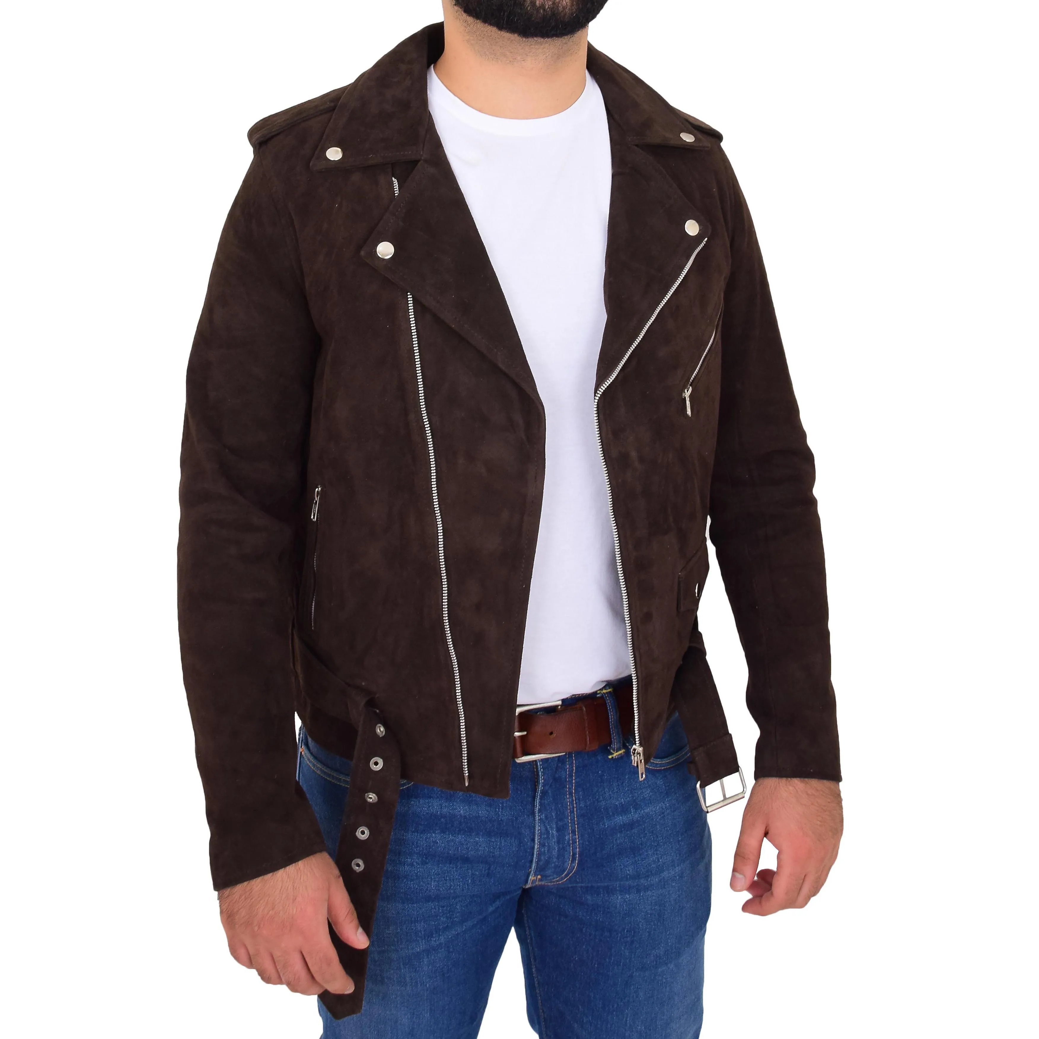 Mens Genuine Suede Leather Biker Jacket Jay Brown