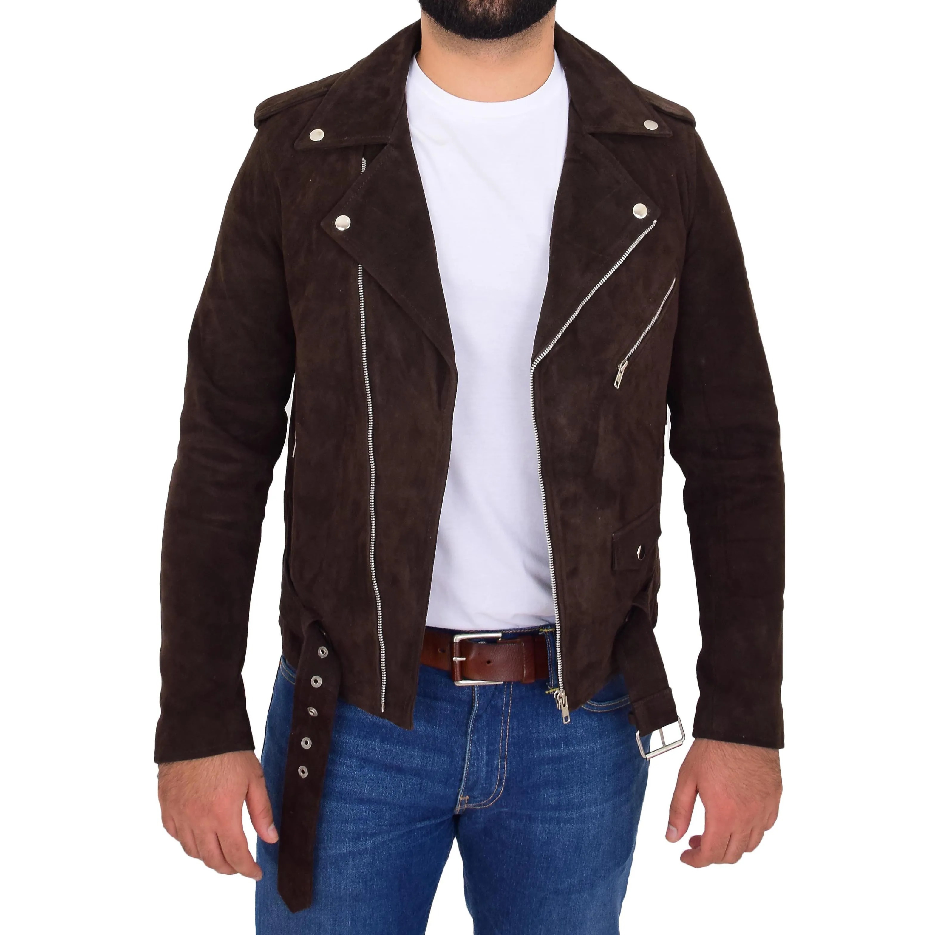 Mens Genuine Suede Leather Biker Jacket Jay Brown
