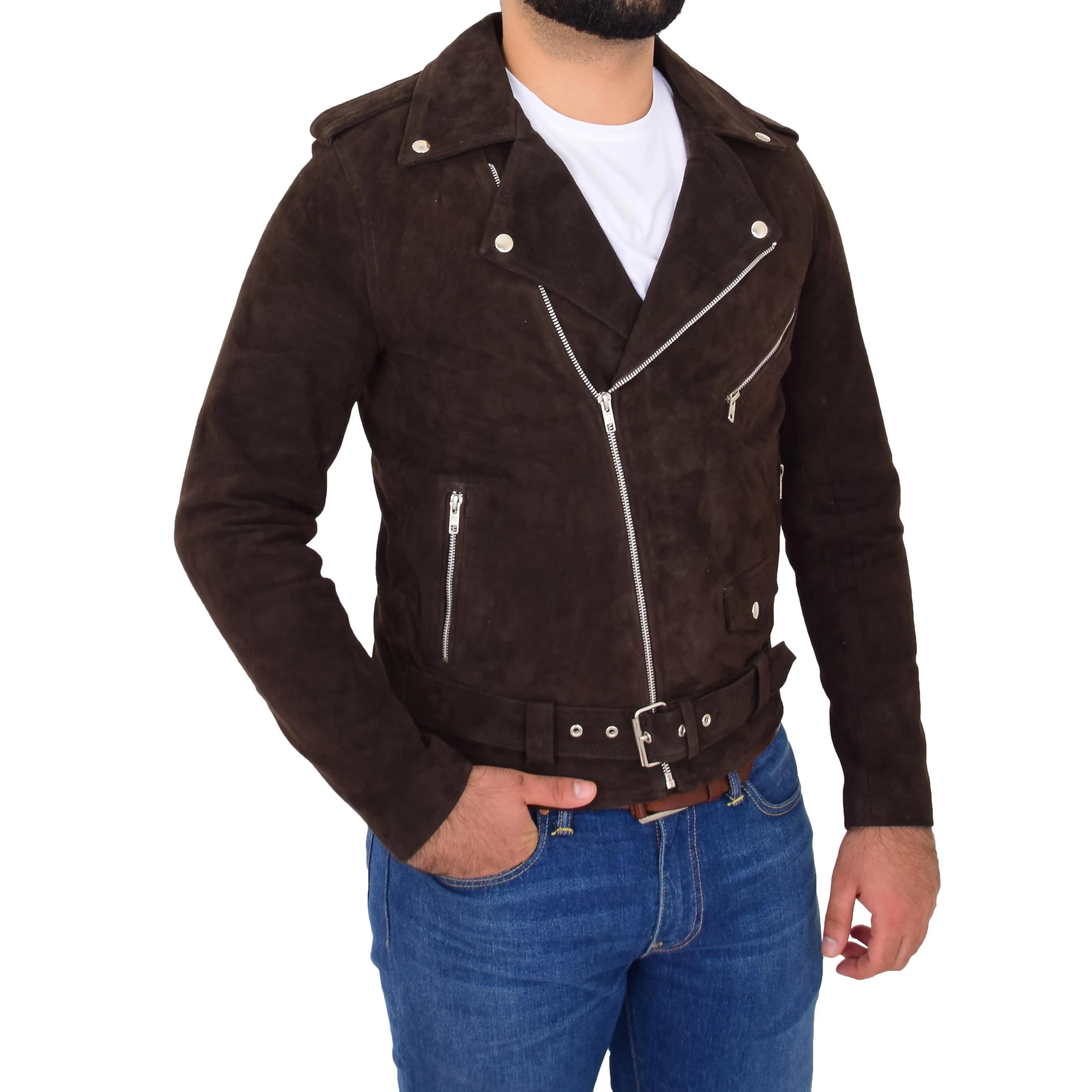 Mens Genuine Suede Leather Biker Jacket Jay Brown