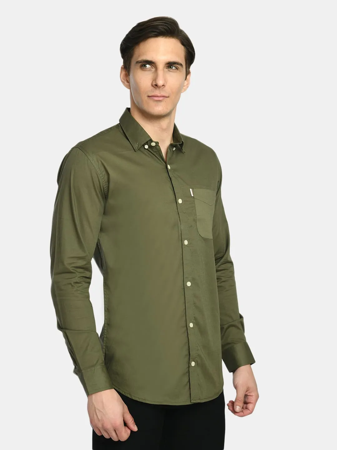 Men's Olive Green Solid Cotton Casual Shirt