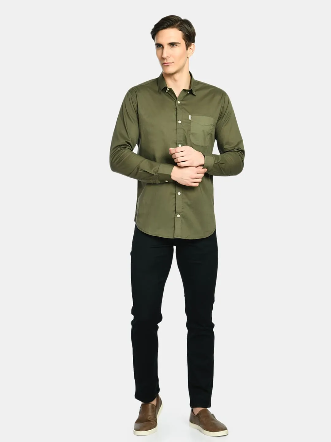 Men's Olive Green Solid Cotton Casual Shirt
