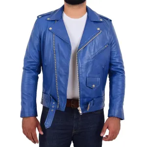 Mens Real Cowhide Biker Leather Jacket Rock Blue