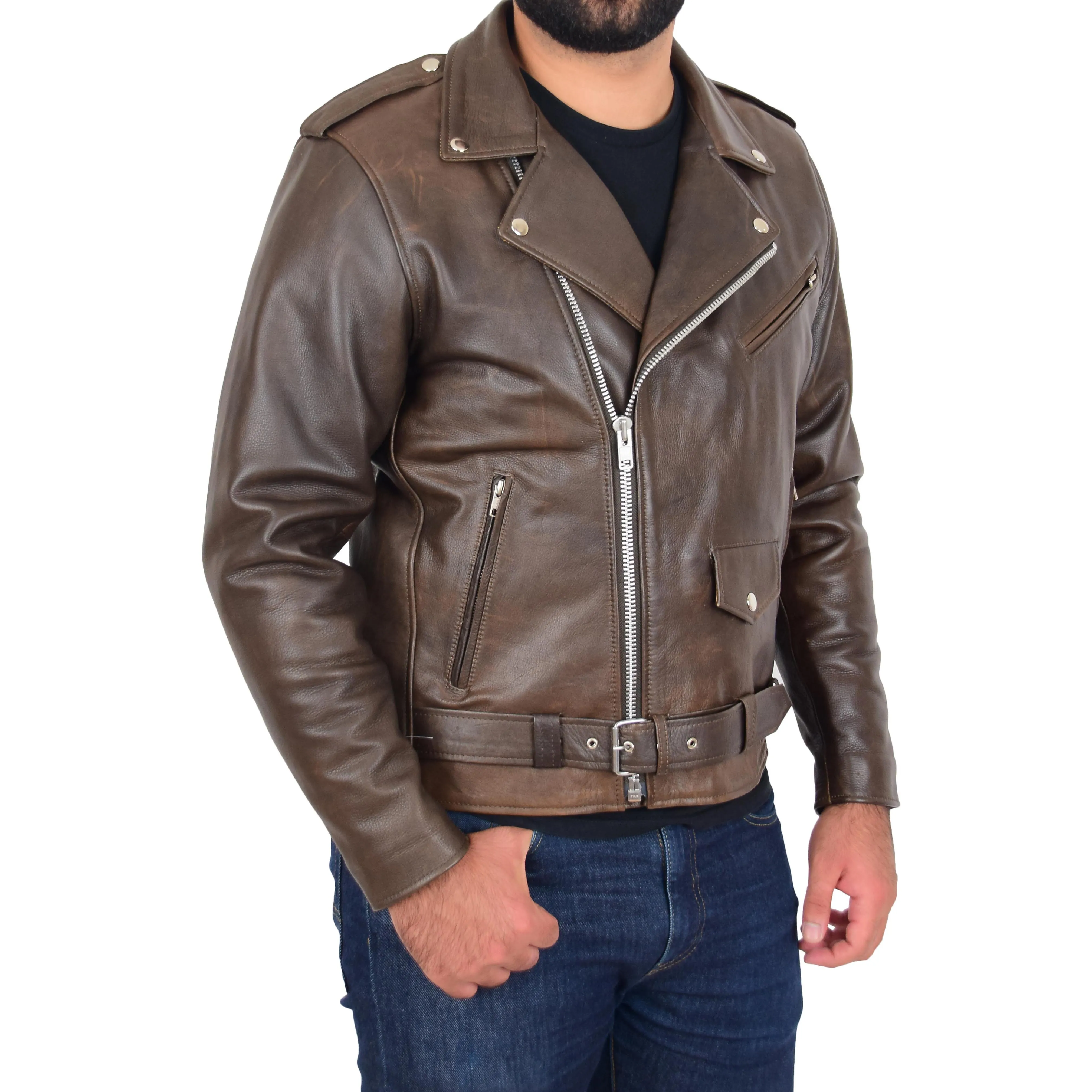 Mens Real Cowhide Biker Leather Jacket Rock Brown Antique