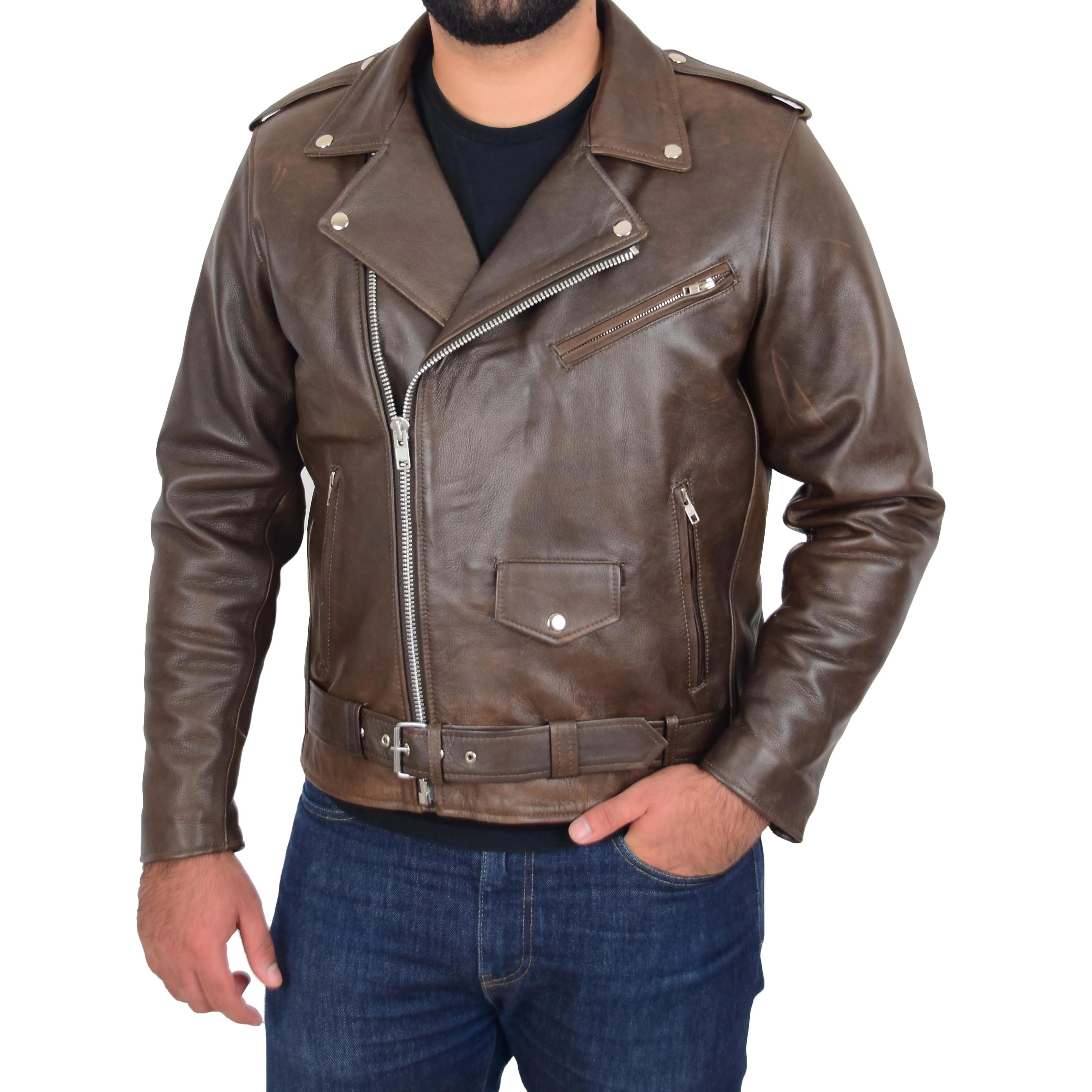 Mens Real Cowhide Biker Leather Jacket Rock Brown Antique