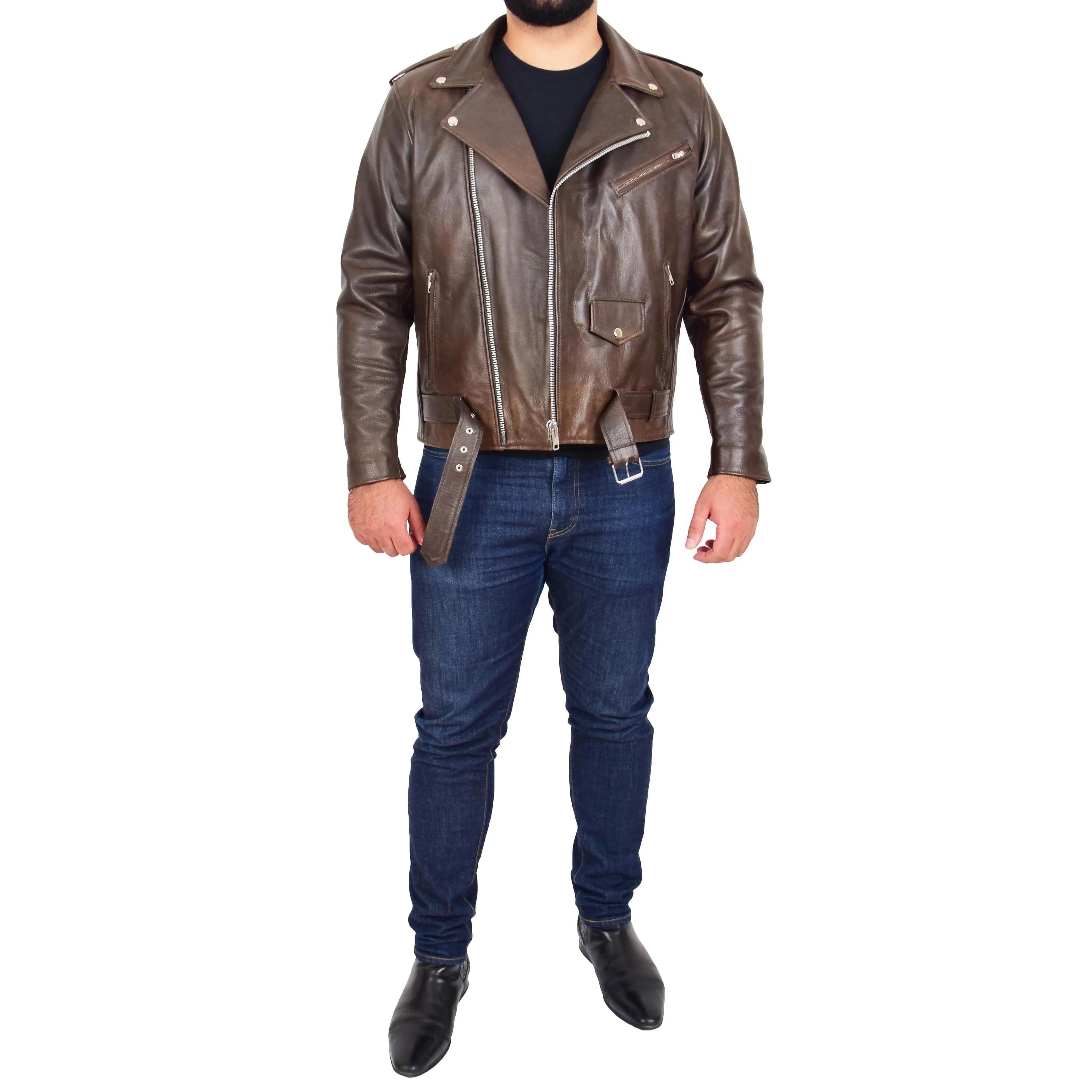 Mens Real Cowhide Biker Leather Jacket Rock Brown Antique