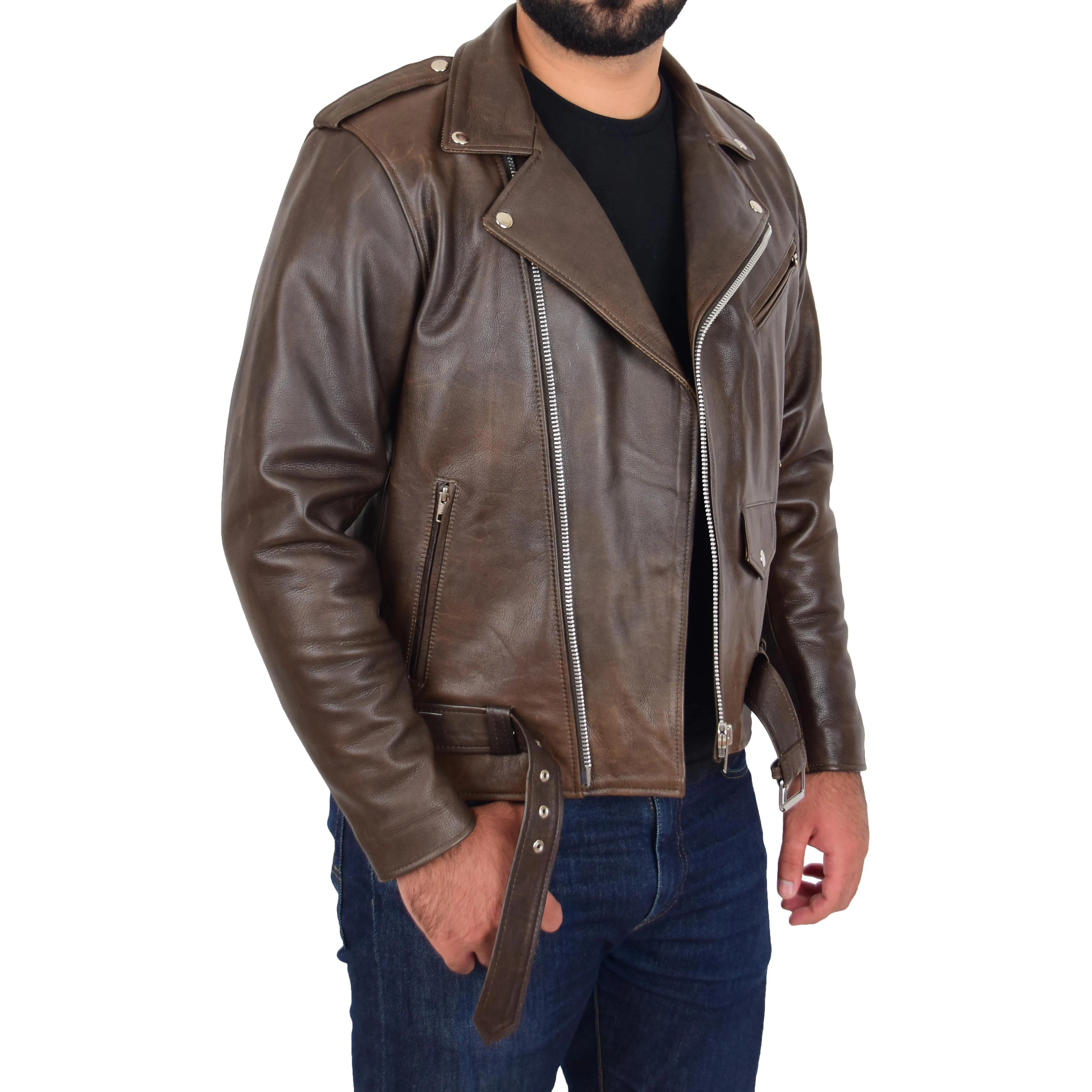 Mens Real Cowhide Biker Leather Jacket Rock Brown Antique