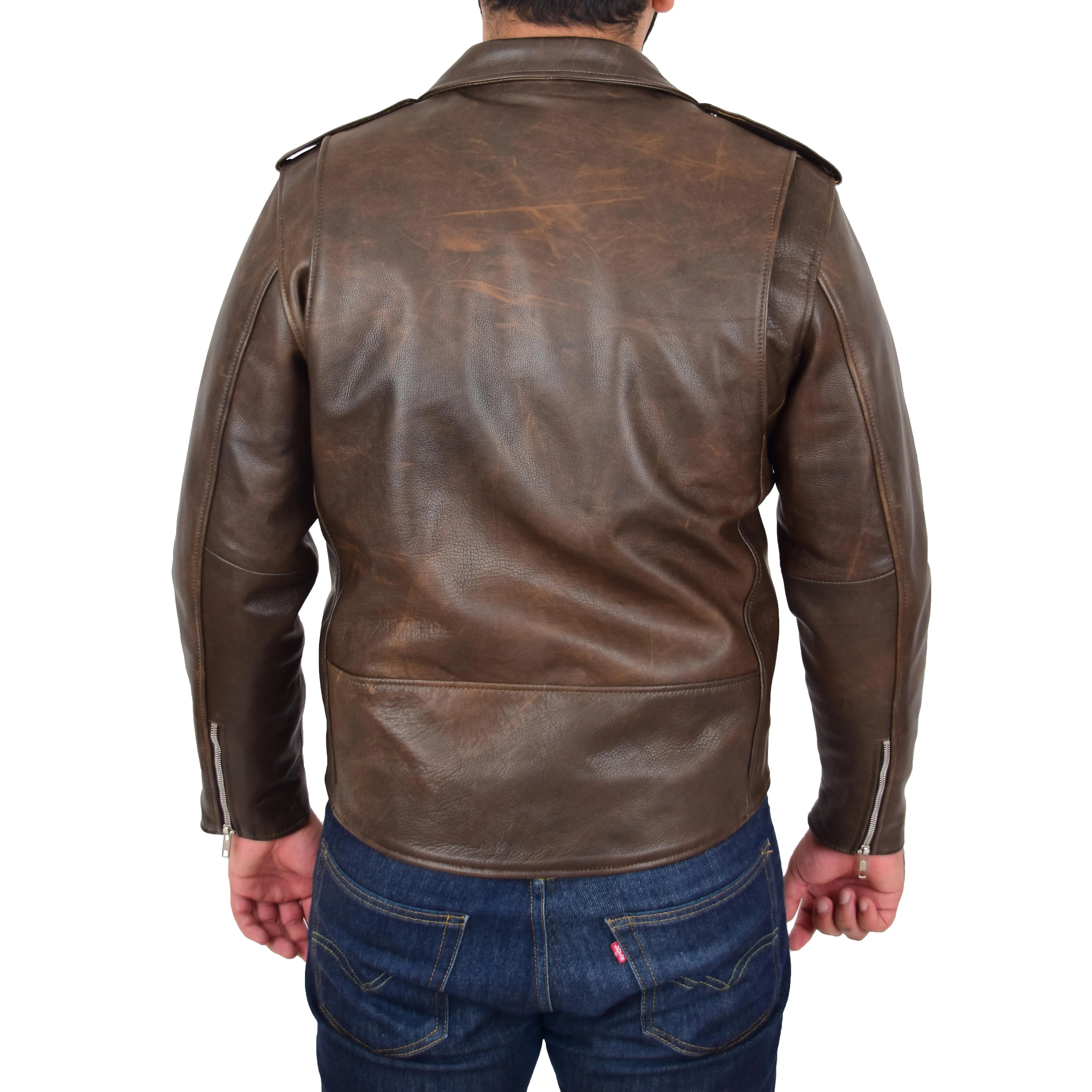 Mens Real Cowhide Biker Leather Jacket Rock Brown Antique