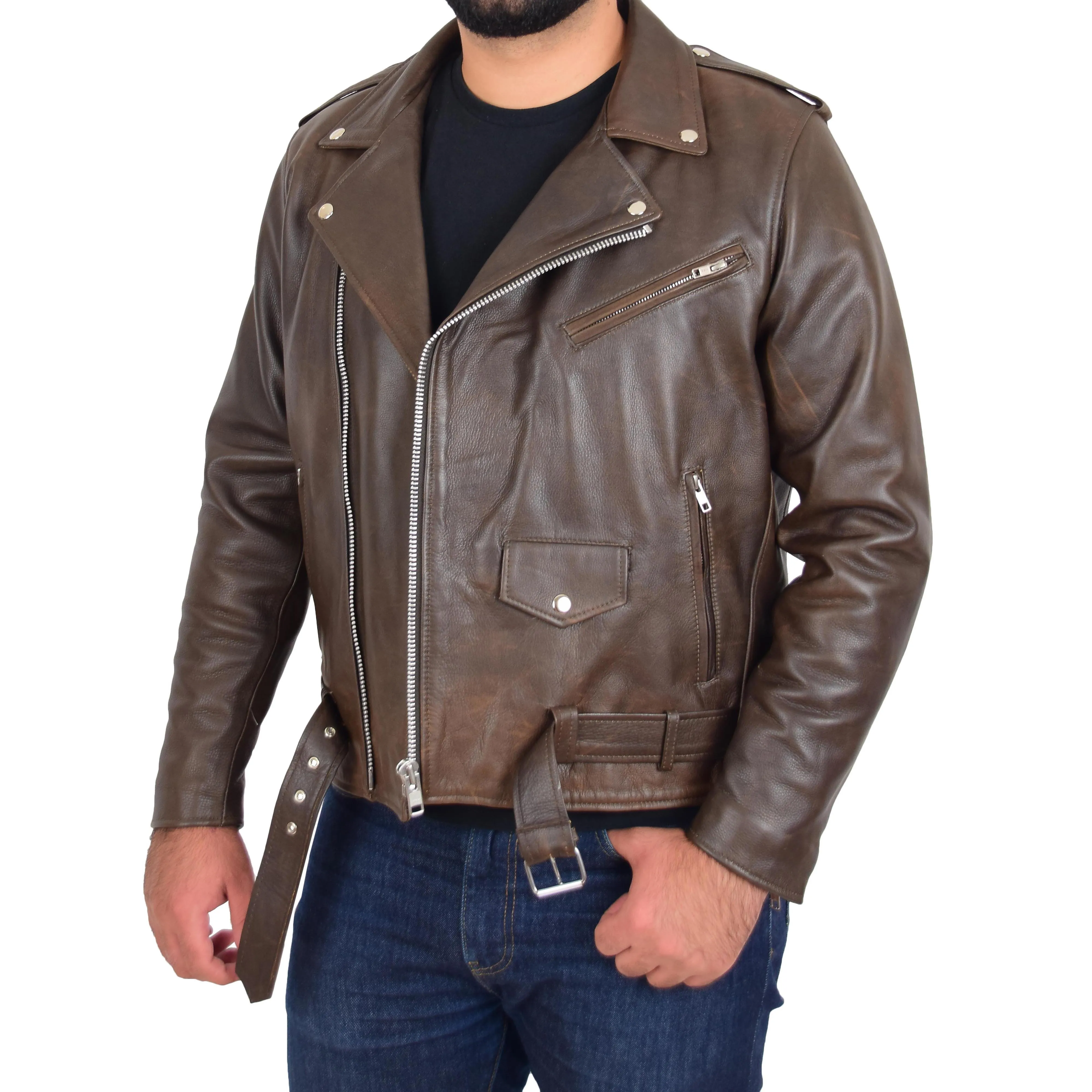Mens Real Cowhide Biker Leather Jacket Rock Brown Antique