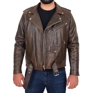 Mens Real Cowhide Biker Leather Jacket Rock Brown Antique