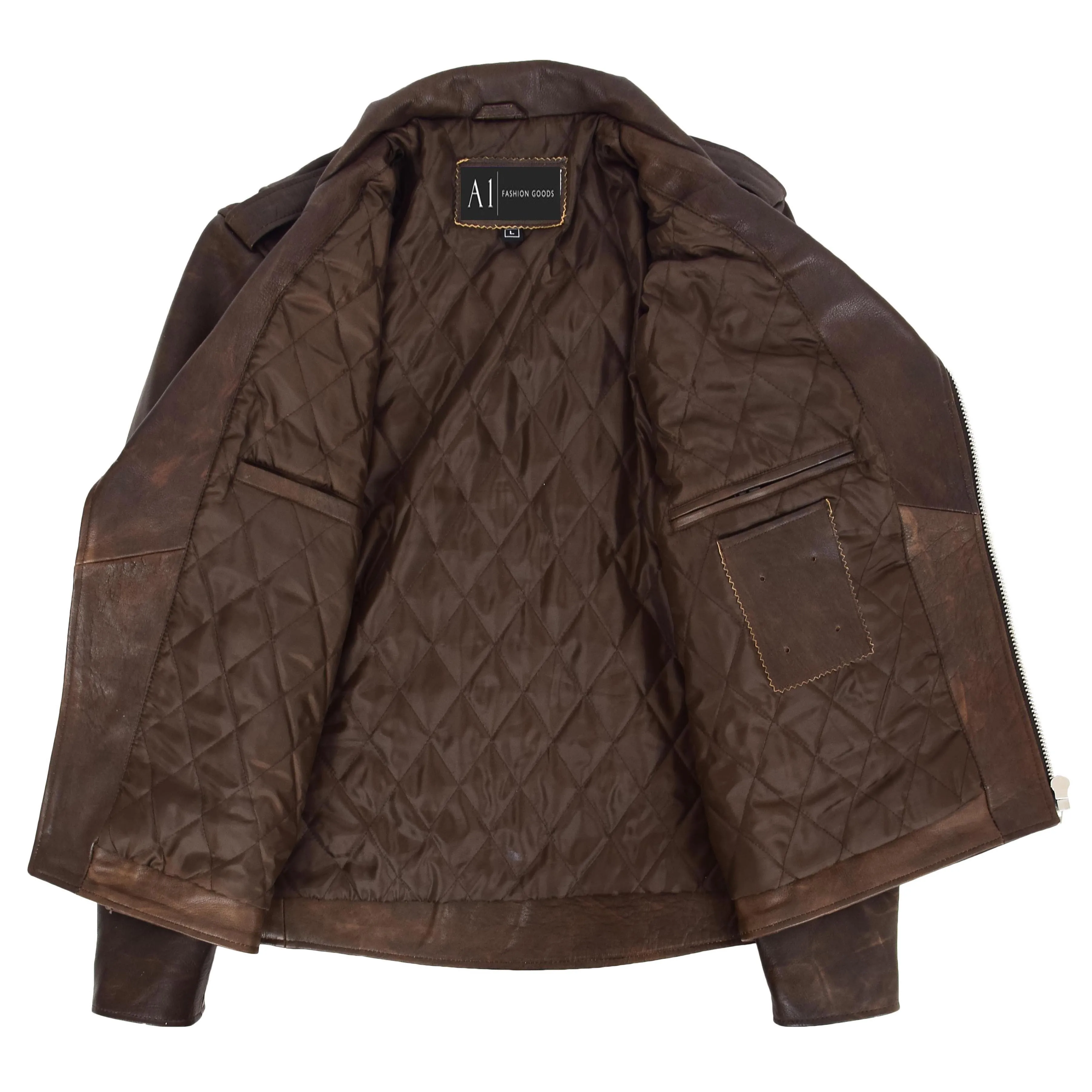 Mens Real Cowhide Biker Leather Jacket Rock Brown Antique