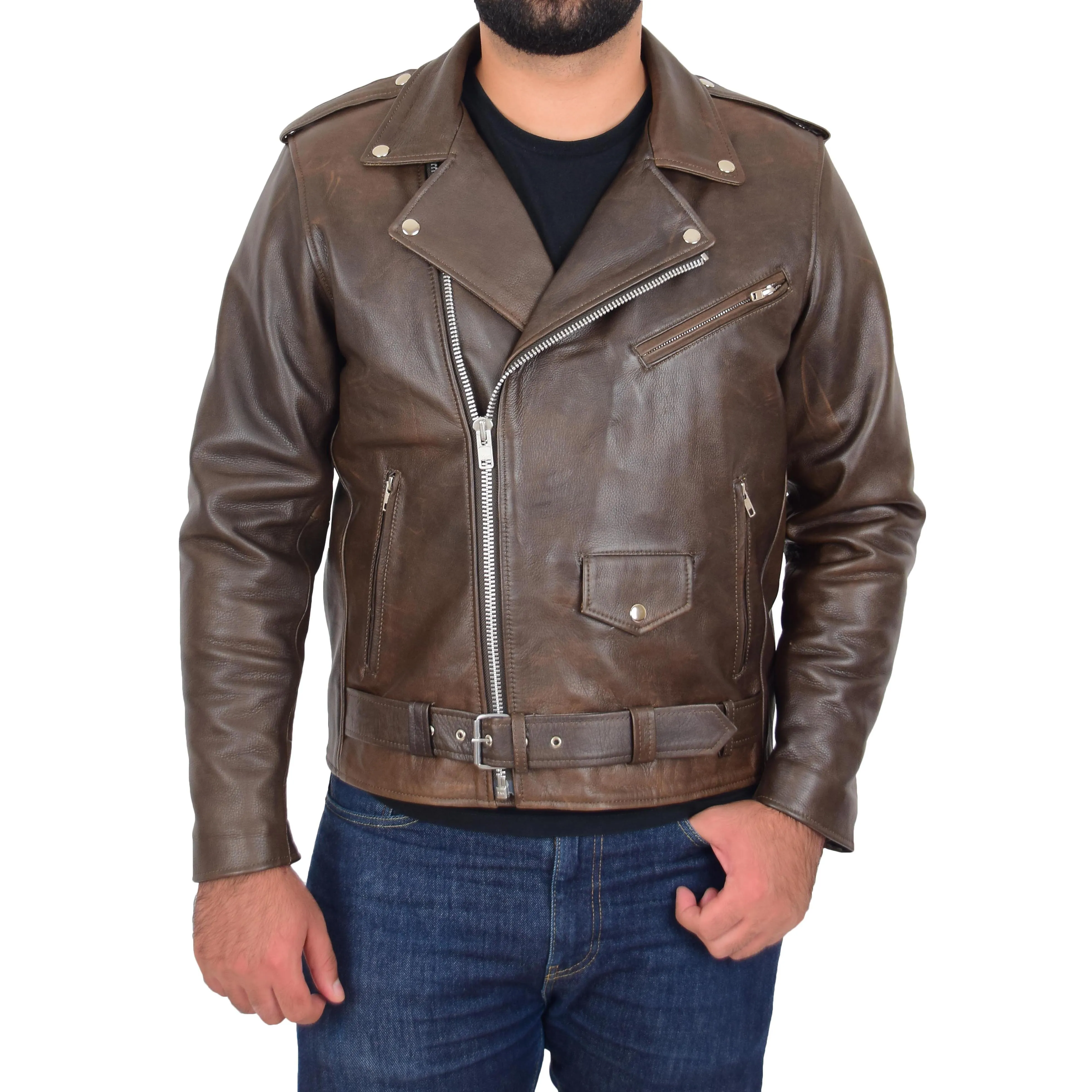 Mens Real Cowhide Biker Leather Jacket Rock Brown Antique