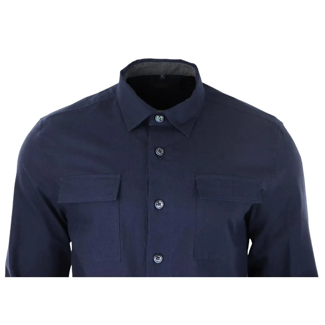 Mens Smart Casual Over Shirt Grey Navy Relaxed Fit Classic Button Down Pockets