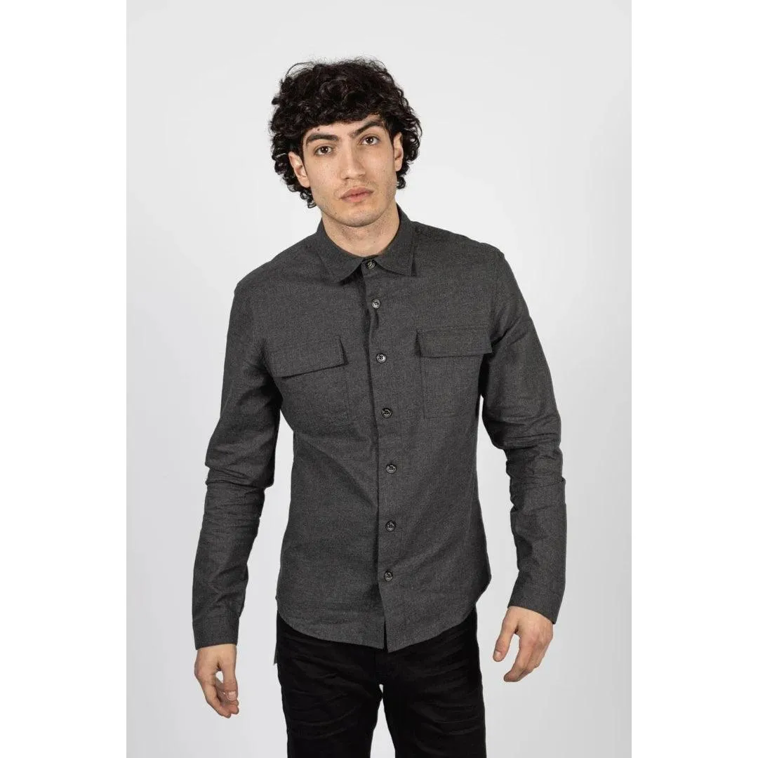 Mens Smart Casual Over Shirt Grey Navy Relaxed Fit Classic Button Down Pockets