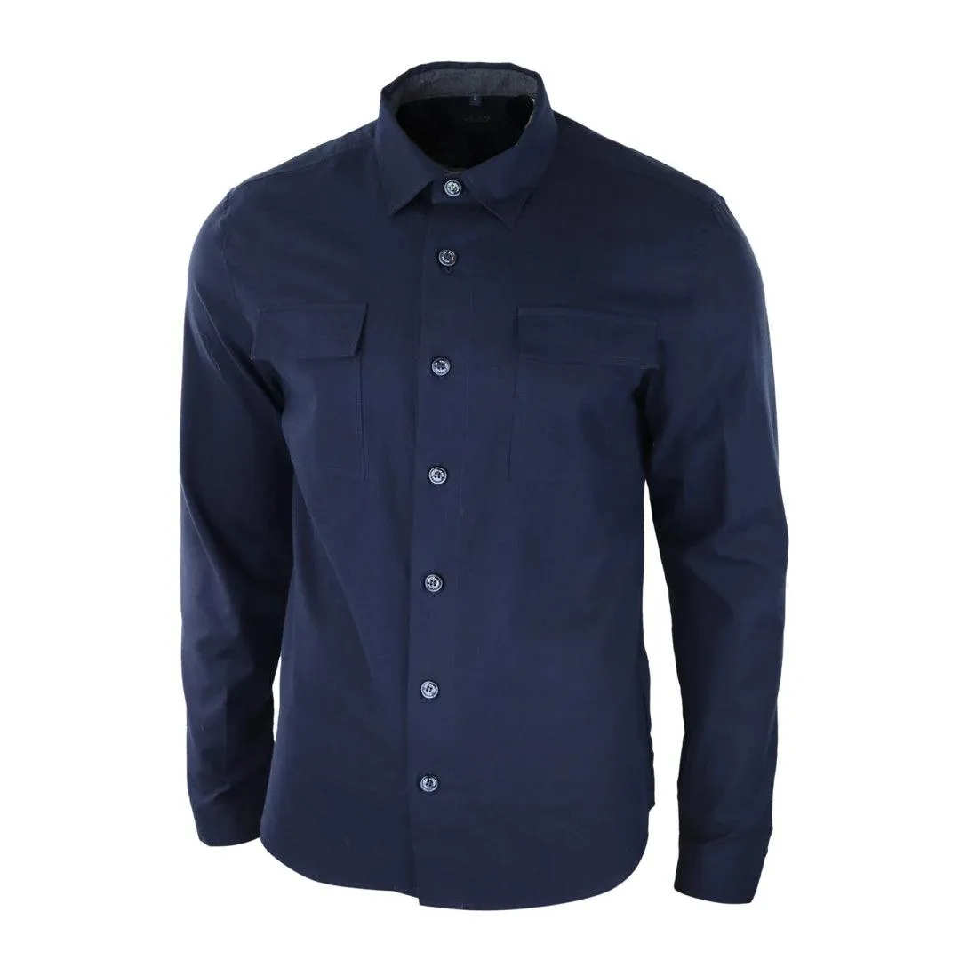 Mens Smart Casual Over Shirt Grey Navy Relaxed Fit Classic Button Down Pockets