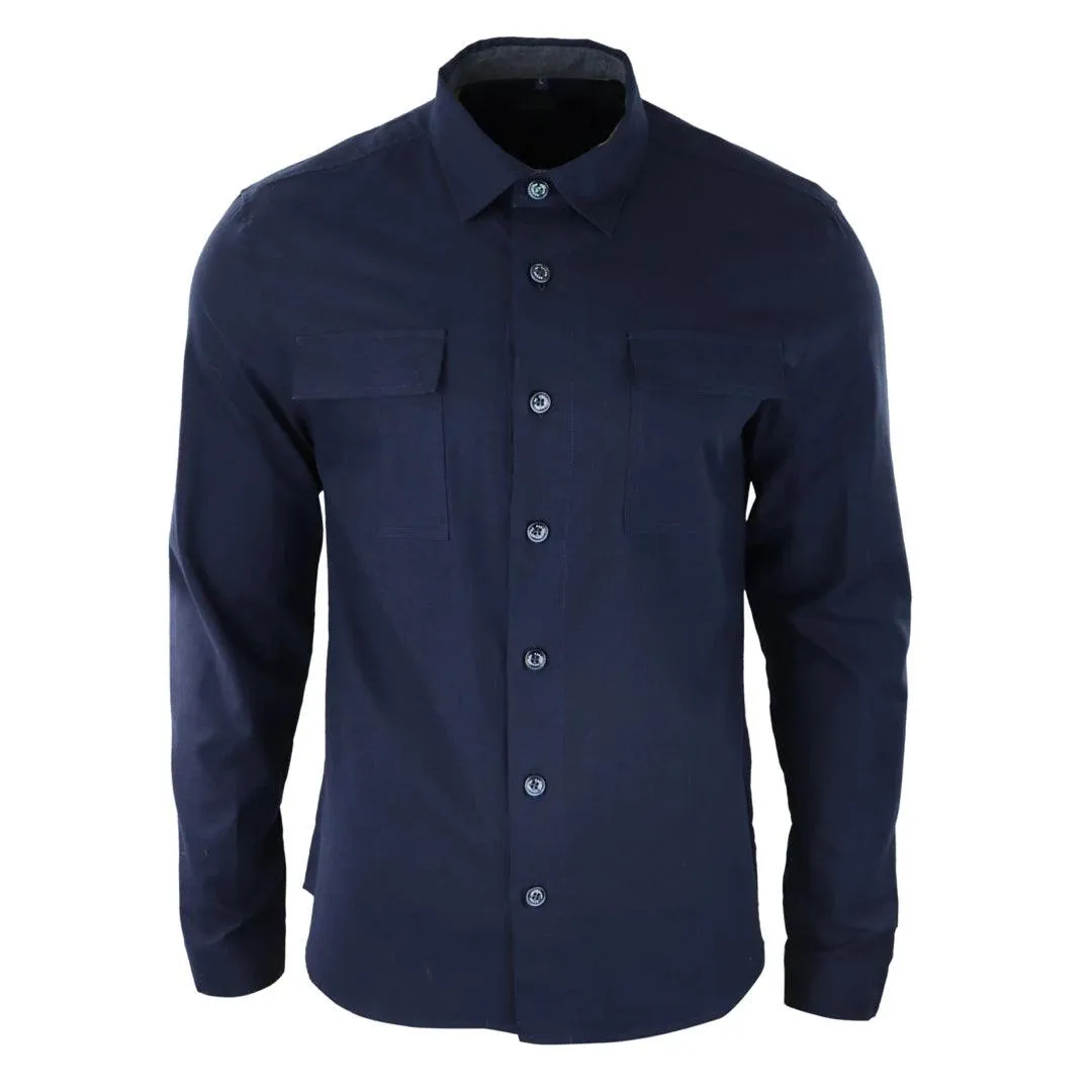 Mens Smart Casual Over Shirt Grey Navy Relaxed Fit Classic Button Down Pockets