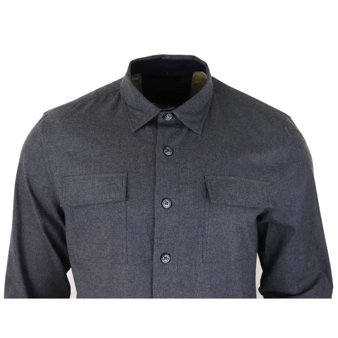 Mens Smart Casual Over Shirt Grey Navy Relaxed Fit Classic Button Down Pockets