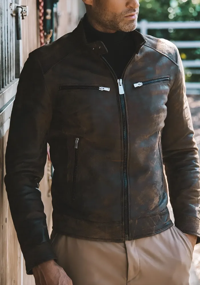 Mens Vintage Motorcycle Cafe Racer  Leather Jacket