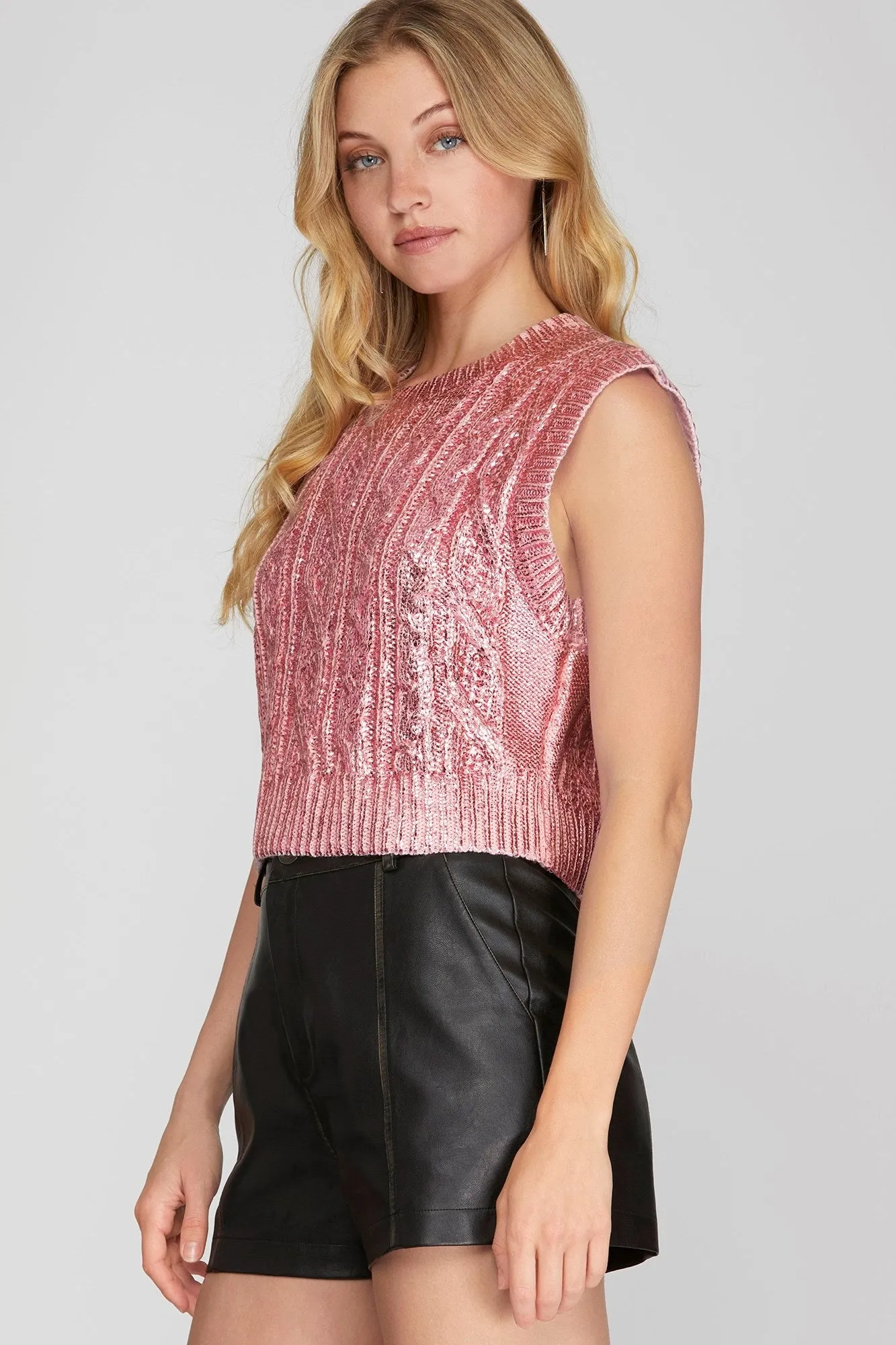 Metallic Foil Mock Neck Cropped Sweater Top
