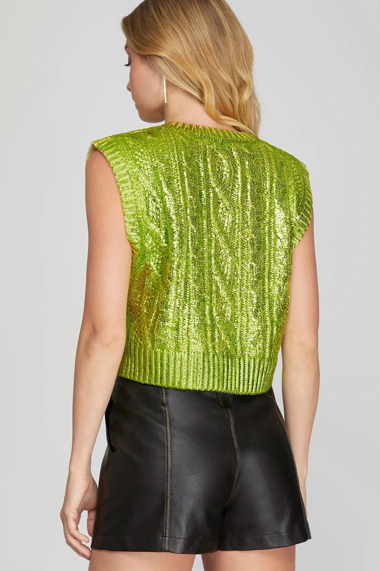 Metallic Foil Mock Neck Cropped Sweater Top