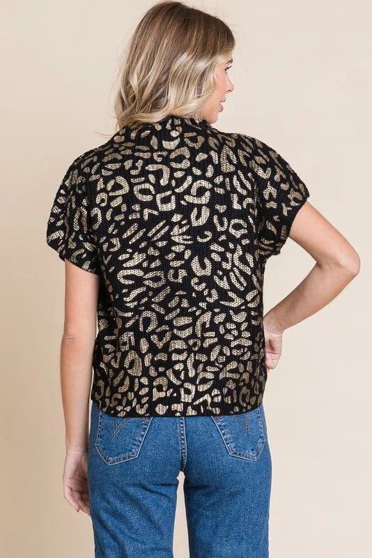 Metallic Leopard Print Top with Pocket