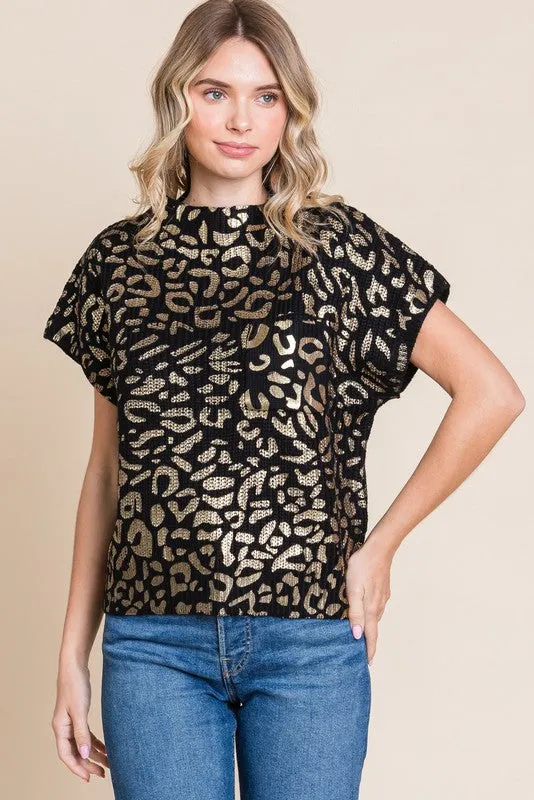 Metallic Leopard Print Top with Pocket
