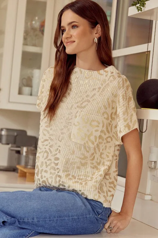 Metallic Leopard Print Top with Pocket