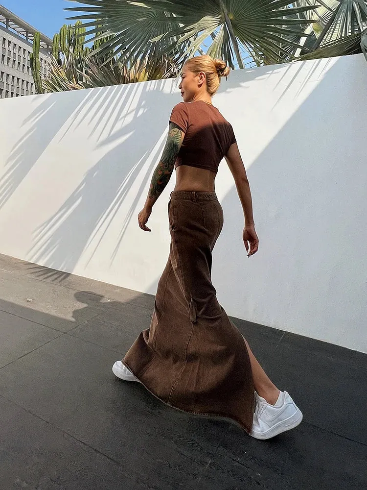 Minimalist Skirts For Women High Waist Folds Patchwork Pocket Casual Denim Elegant A Line Skirt Female Fashion