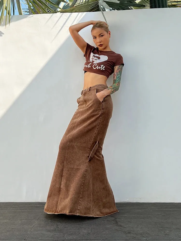 Minimalist Skirts For Women High Waist Folds Patchwork Pocket Casual Denim Elegant A Line Skirt Female Fashion