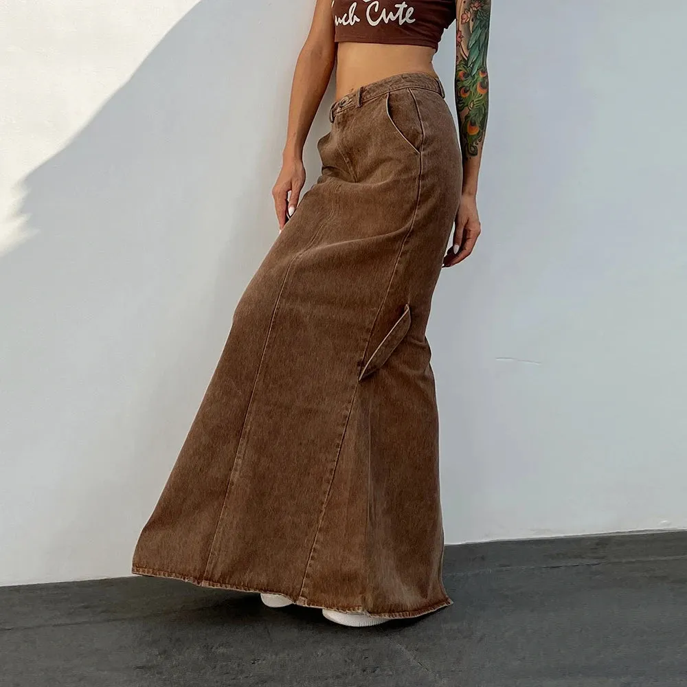 Minimalist Skirts For Women High Waist Folds Patchwork Pocket Casual Denim Elegant A Line Skirt Female Fashion
