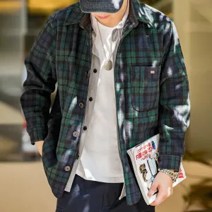 Retro Blue Green Plaid Wool Jacket - Loose Thick Plaid Shirt Jacket